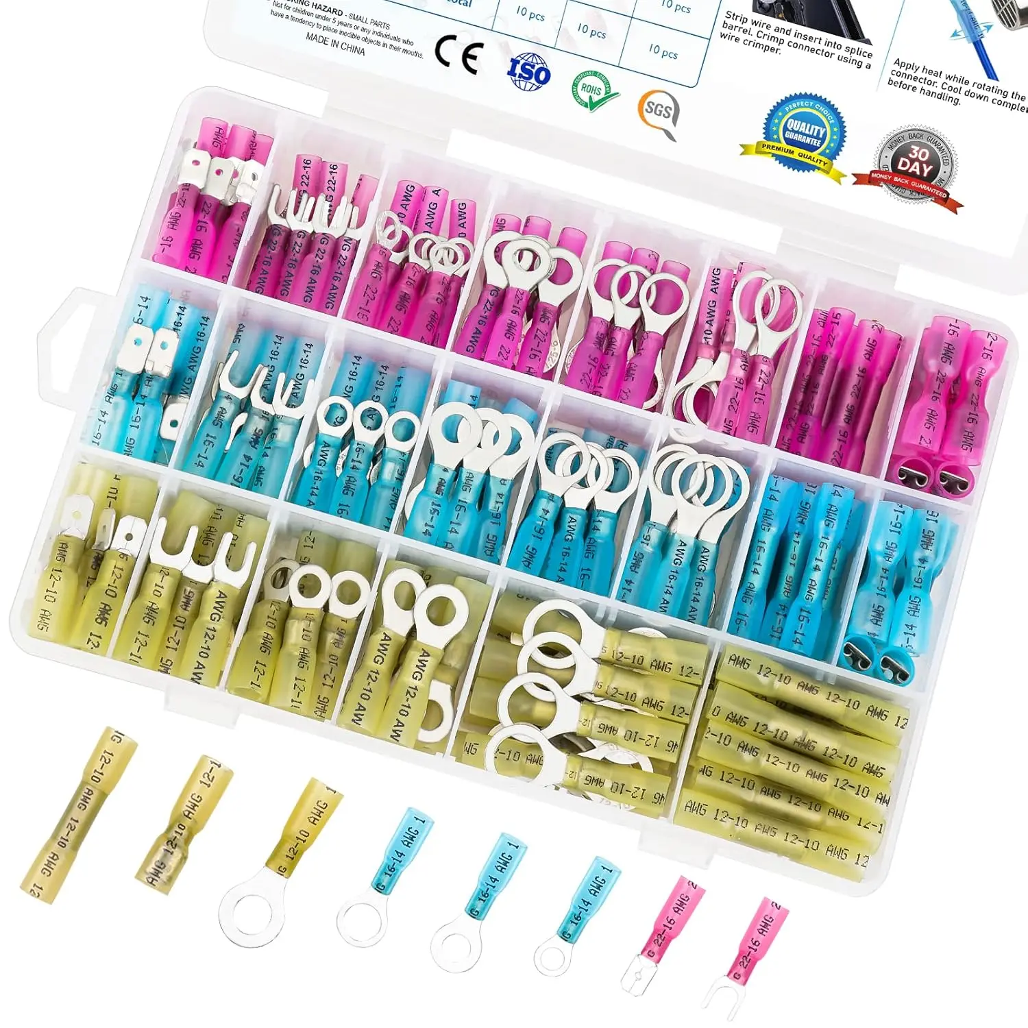 250 count Heat Shrink Wire Connectors,  Automotive Marine Electrical Terminals Kit, Crimp Connector Assortment, Ring Fork Spade Splices