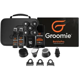 GROOMIE Crispy AF Full Grooming Kit for Bald Men - Includes BaldiePro Electric Razor, Pre-Shave Oil, Aftershave Serum, Deodorant, Case, Charging Cable and Shaving Accessories - 5D Flexible Blade