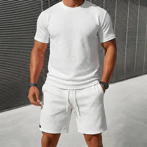 2-Pack Men’s Two-Piece Summer Casual Sports Set – Short-Sleeve T-Shirt with 3D Geometric Jacquard and Elastic-Waist Shorts, Breathable and Comfortable Loungewear Set