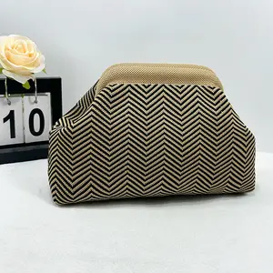 Women's Polyester Woven Clutch Purses - Striped Ruched Cloud Dumpling Bags, Open-Top, Portable, Lightweight Knit Handbags for Beach, Evening Use