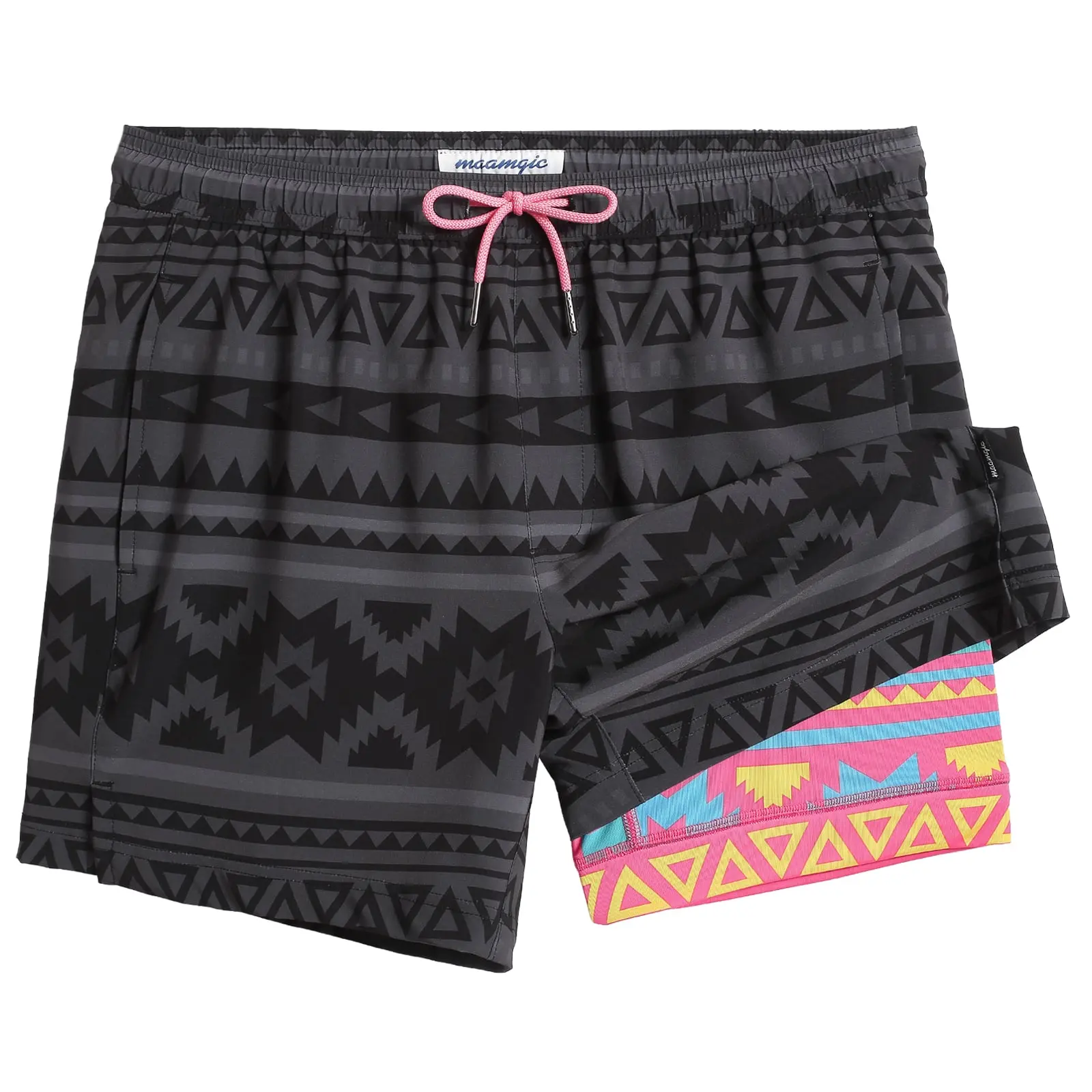 5.5 Inseam 2-in-1 Stretch Short Liner Gray Pink Swim Shorts - 4-Way Stretch 90% Polyester 10% Spandex Blend, Elastic Waistband and Drawstring, Two Zipper Pockets