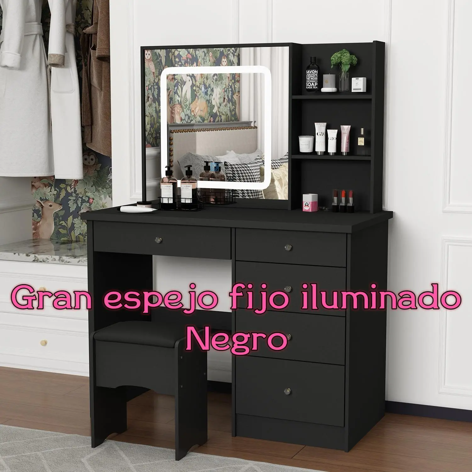 Large Lighted Fixed Mirror No Sliding / Black