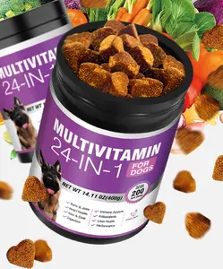 24 in 1 Dog Vitamins and Supplements Multivitamin Chewable Treats with Chondroitin Probiotics Omega 3 Glucosamine for Dogs Joint Support Skin Coat Heart Gut Liver Brain Eyes and Immune Care Chicken Flavor 200 Count