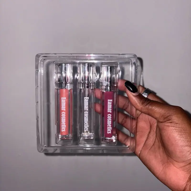 Eamor Cosmetics Lip Gloss S - Product in Clear Packaging with Red and Purple Labels Lipstick Glossy Makeup