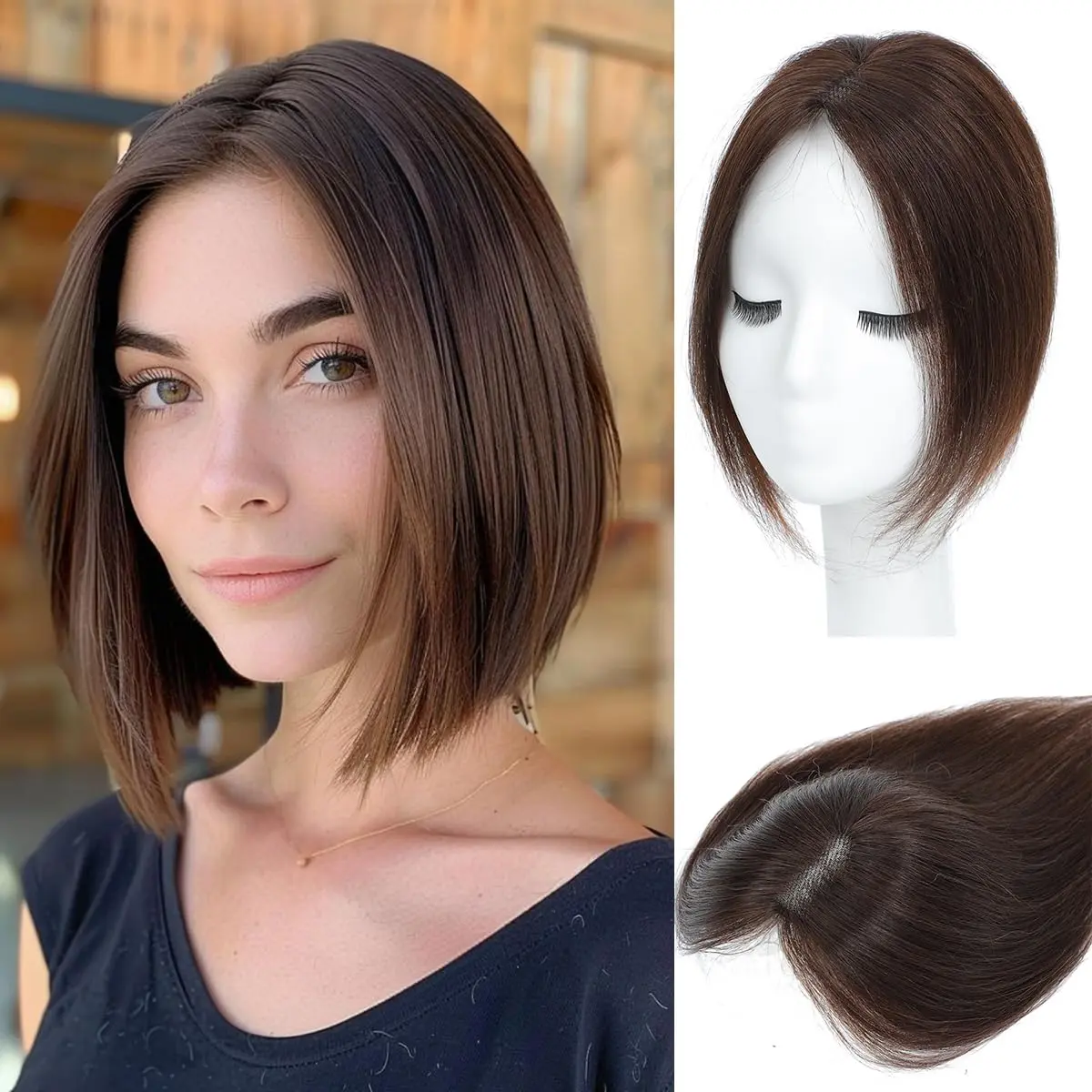 mocha color Hair Topper for Women Clip-in Piece Human Hair  Front Wiglets for Thinning Hair Add Volume Black 9 * 11 side Bangs
