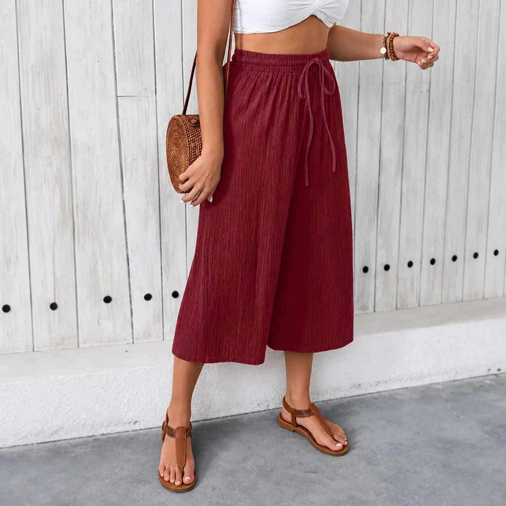 Gaucho Wide Leg Pants for Women, High Waist Drawstring Casual Cropped Trousers