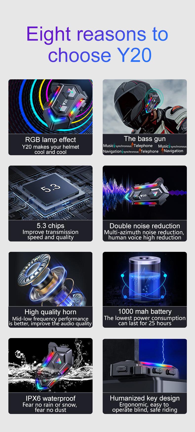 2026 NEW Motorcycle Helmet Bluetooth Headset, RGB Dazzling Lights, IPX6 Waterproof, Bluetooth 5.3, 1000mAh 25H Playtime, Noise Reduction, Hands-Free Call for Motorbike Riding