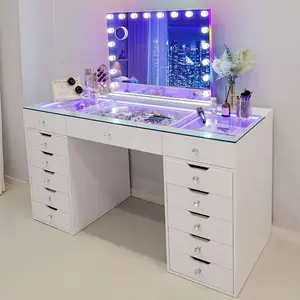 VANITII RGB Lighted Makeup Desk - Smart Touch Control, Glass Upper Vanity, Built-In Charging Station, Illuminated Makeup Mirror