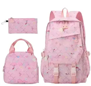 Girls' 3-Piece Water-Resistant Mermaid Scale Print Backpack Set - Insulated Lunch Bag, Pencil Case, Kawaii Ocean School Bookbag for Elementary Students (3 Colors Available)