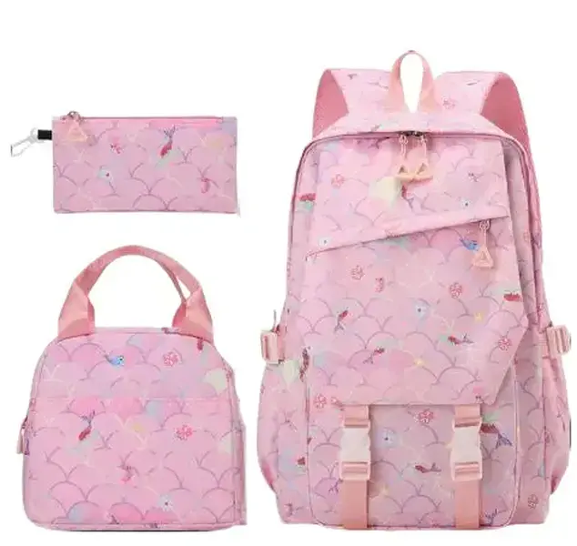 Girls' 3-Piece Water-Resistant Mermaid Scale Print Backpack Set - Insulated Lunch Bag, Pencil Case, Kawaii Ocean School Bookbag for Elementary Students (3 Colors Available)