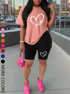 Summer New Short Sleeve Shorts Set, Sporty Heart Print, Comfortable Casual, Women's Two-Piece Outdoor Sports Wear