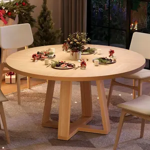 Natural Oak Round Dining Table for 4-6 People,47" Farmhouse Kitchen Table with Wood Cross Pedestal Base for Living Room,Dining Room(Table Only)