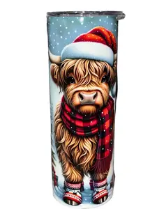 Amy's Tumbler Junkies Christmas Highland Cow & Tree 20oz Skinny Straight Sublimation Tumbler with Clear Plastic Lid & Straw for Hot Cold Beverages