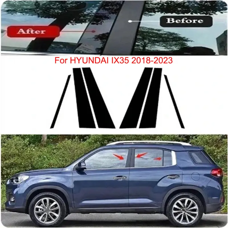 For HYUNDAI IX35 2018-2023, 6Pcs Window Decoration Side Door Frame Cover Bright Black Center Pillar Sticker