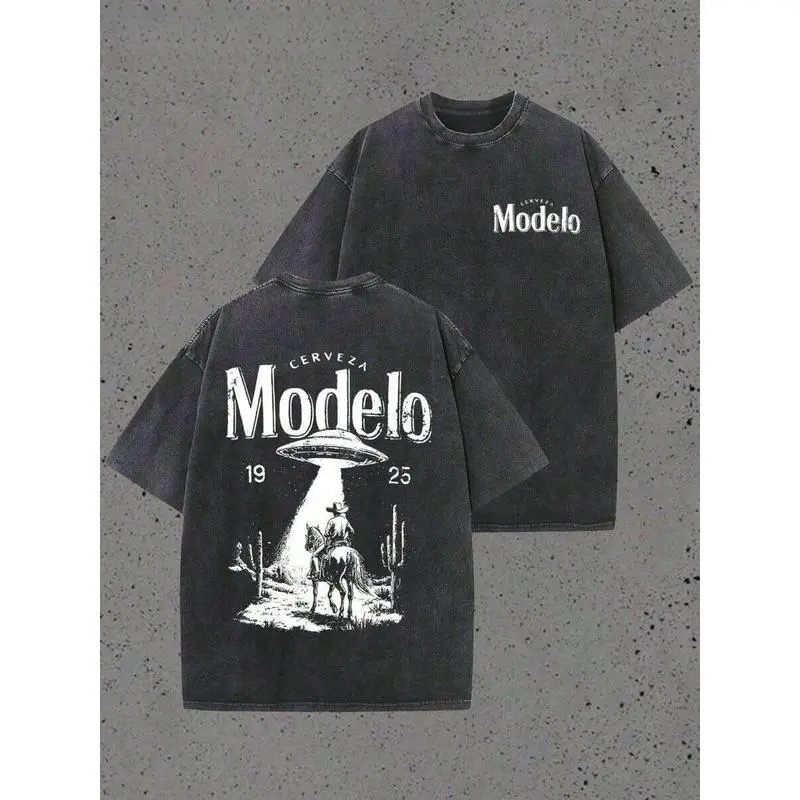 Modelo UFO Cowboy Graphic T-Shirt 230g Heavyweight Vintage Washed Cotton Retro Streetwear Tee Cerveza Modelo Letter Print UFO Western Cowboy Desert Scene Y2K Oversized Casual Short Sleeve Men's Summer Fashion Streetwear Top