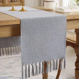 Style Rustic, Farmhouse Cotton, Boho Table 90 Inches Long with Hand Tassels for Home Tabletop and Use - Silver Grey, 90 Inch