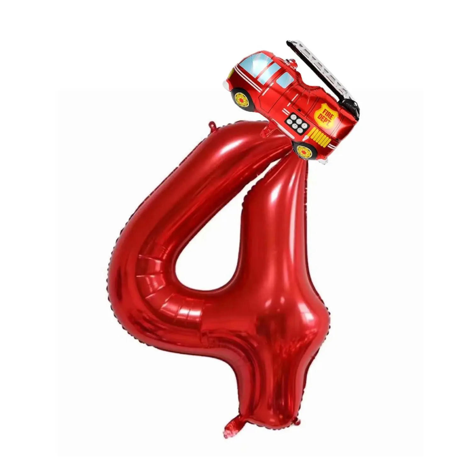 Fire Truck Red 4 Balloons, 40Inch Number 4 & 13Inch Fire Truck Foil Balloons, 4Th Birthday Party Supplies, 1Pcs Each, Includes Straw & Glue Dots