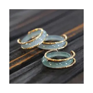 High-end Jade Inlaid Ring New Style Natural Blue Water High Ice Jade Ring for Men and Women Couples Tail Ring