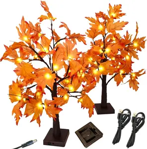 LED Maple Tree Lights, 2 Pack Battery Operated & USB Powered, 24 Inch Artificial Fall Tree with Warm White Lights for Thanksgiving Table Decor, Wedding, Cafe, Halloween Party