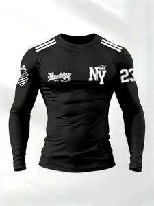 Men's Elastic Sporty Long Sleeve T-Shirt, American Pattern Print, All Seasons, Round Neck, Fitted, Long Sleeve Training Clothing, Athletic Apparel, Gym Athletic Clothes