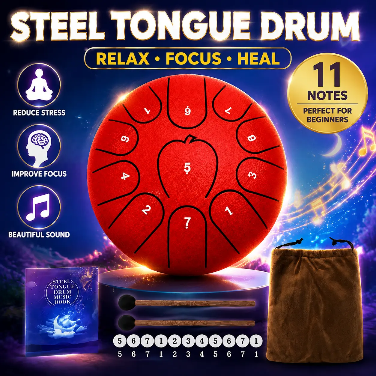 6 Inch 11-Note Steel Tongue Drum Instrument Kit - Creative Sound, Relaxation Tone for Focus, Unblocks Writer’s Block, with Bag & Mallets for Artists