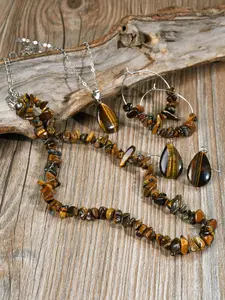 Natural Tiger Eye Stone Jewelry Set, Including Necklace & Earrings, Fashion Jewelry Accessories for Women & Mens