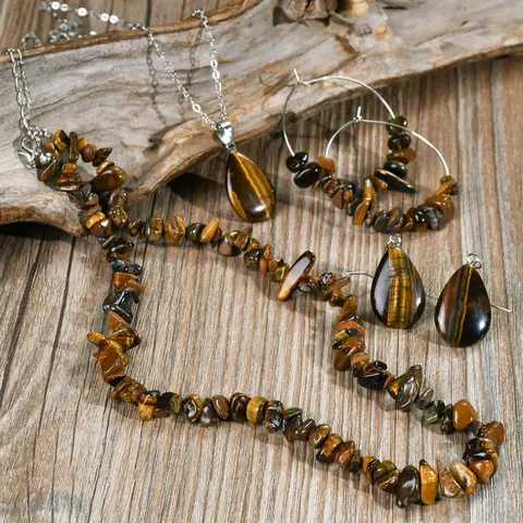 Natural Tiger Eye Stone Crystal Jewelry Set, Including Necklace & Earrings, Fashion Jewelry Accessories for Women & Mens