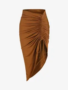 ZAFUL Women's Boho Skirt Asymmetrical Floral Paisley Print High Waist Ruched Wrap Skirt for Casual Bottoms Coffee Minimalist Basic Womenswear Midi Long Length Polyester