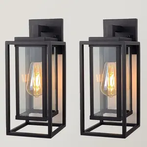 14" Outdoor Wall Light Fixtures Waterproofed Exterior Lantern W/Sturdy Rectangular Double Cage In Satin Black&Clear Tempered Glass,Sconce Mounted For House Patio,Front door,Porch,Garage Lighting 2Pack