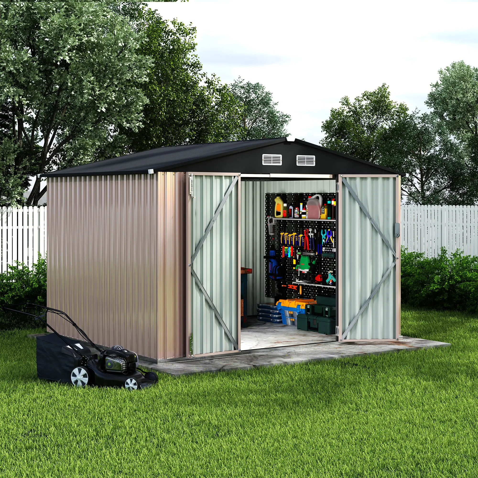 Premium 8x10 ft Galvanized Steel Outdoor Storage Building Kit, Secure Lockable Door, Enhanced Ventilation, Durable Tool Shed for Garden, Backyard, Metal Roof