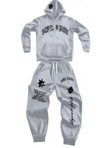 Men's 2-Piece Fashion Hoodies & Track Pants Set, American Street Letter Printed, Casual Slight Stretch Design, Detailed Pockets, Black Long Sleeve