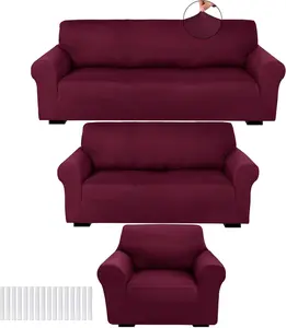 3 count Slipcover Set for Couch Furniture Covers for Sofa Loveseat Couch Arm Chair, Form Fit Stretch, Wrinkle Free, Furniture Protector(Burgundy,Milk Silk Spandex)