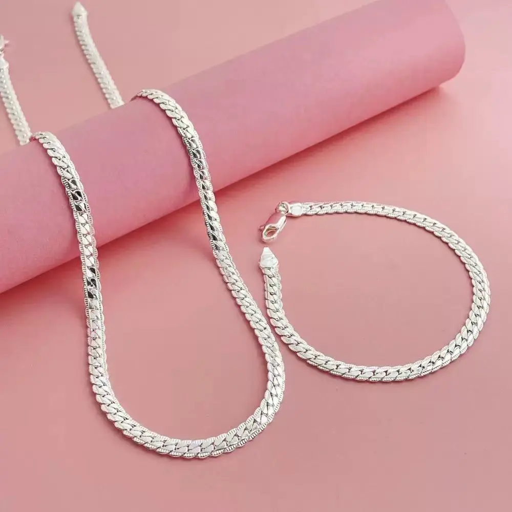 Unisex 50cm Silver-Plated Cuban Chain Link Necklaces & Bracelet Jewelry Set, Elegant Fashion Accessory for Daily Wear, Rapper Gift, Link Chain Necklaces, Silver-Toned Chain Necklaces