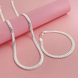 Cuban link chain Unisex Cuban Link Silver Plated Necklace and BraceletFashion Link For Daily WearRapper Gift Jewelry Set TrendyDesign