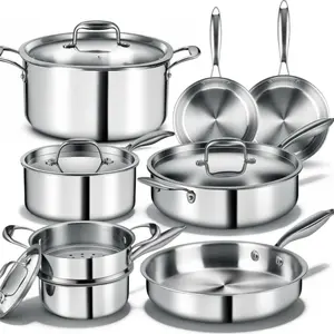 12-Piece Triple-Ply Stainless Steel Pots and Pans Set - Professional Induction Cookware with Glass Lids, Heavy-Duty, Oven-and-Dishwasher-Safe Kitchen Skillet and Stock Pot Collection