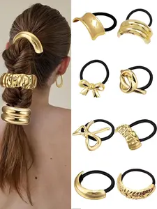 Women Elastic Hair Accessories Set, Geometric Metal Buckle Clips, Boho Style All-Seasons Gift, 8 Pieces