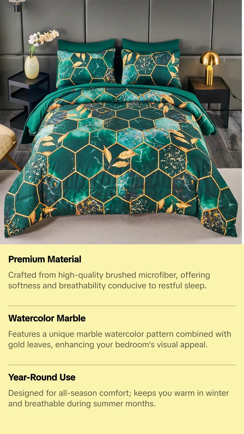 ANGIYUIN 7 Pieces Emerald Green Gold Comforter Set California King Size Marble Watercolor Bed in A Bag for Women Men Geometric Hexagon Gold Leaves Bedding Sets for All Season