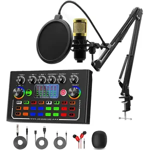 F009 dual channel BM-800 condenser microphone set, equipped with dual 3.5mm microphone interfaces, noise reduction filtering, voice enhancement, and shock absorber, used for two person singing recording, podcast conversations, game voice, live shouting, a