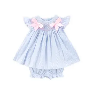 Geo Smocked Light Blue Seersucker Bow Bloomer Set