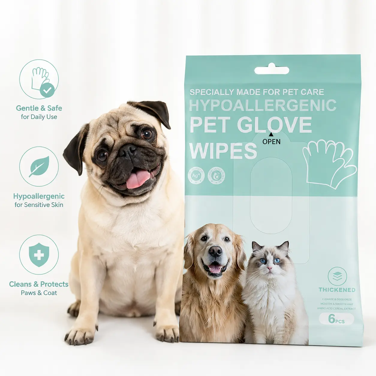Disposable Pet Glove Wipes for Dogs & Cats, 6Pcs Animal Supplies - Portable, Versatile No-Bath Grooming Wipes for Paw & Body Cleaning During Walks