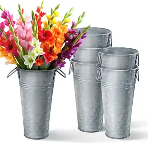 Plexon 9" Tall Metal Vase for Flowers, Metal Flower Container with Handles, Farmhouse French Tin Vases for Flowers Ideal for Sparkler Bucket Wedding Home Decor, Galvanized Steel, Set of 6