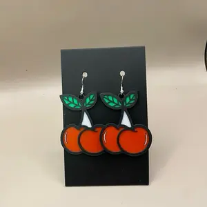 Cherry 3D Printed Hook Earrings with Vibrant Red Berries and Green Leaves for Stylish Accessory