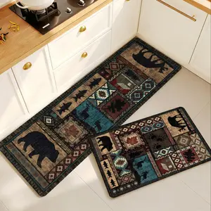 Rustic Tribal Patchwork Kitchen Mat - 0.4cm Low-profile, Non-slip Rubber Backing, Non-woven Fabric, Water Absorbent, Stain-resistant, Washable Indoor Rug with Moose Wildlife Animal Motifs, Aztec Geometric Design for Sink Area, Western Lodge Decor