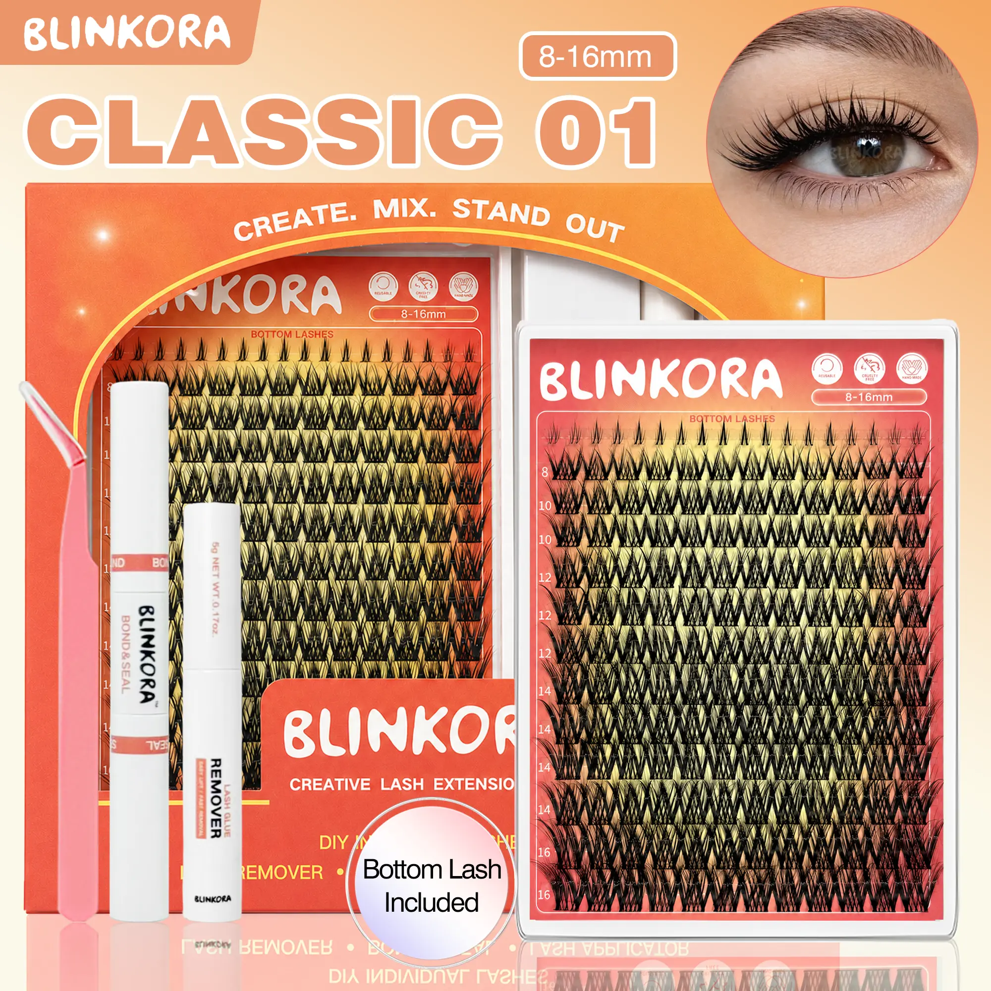 Blinkora Classic01 Lash Cluster Kit, 8-16mm Beginner-Friendly Cluster Lashes, Waterproof Long-Lasting Lash Extensions, Free Glue, Remover & Applicator, Beauty Products Makeup Cosmetics