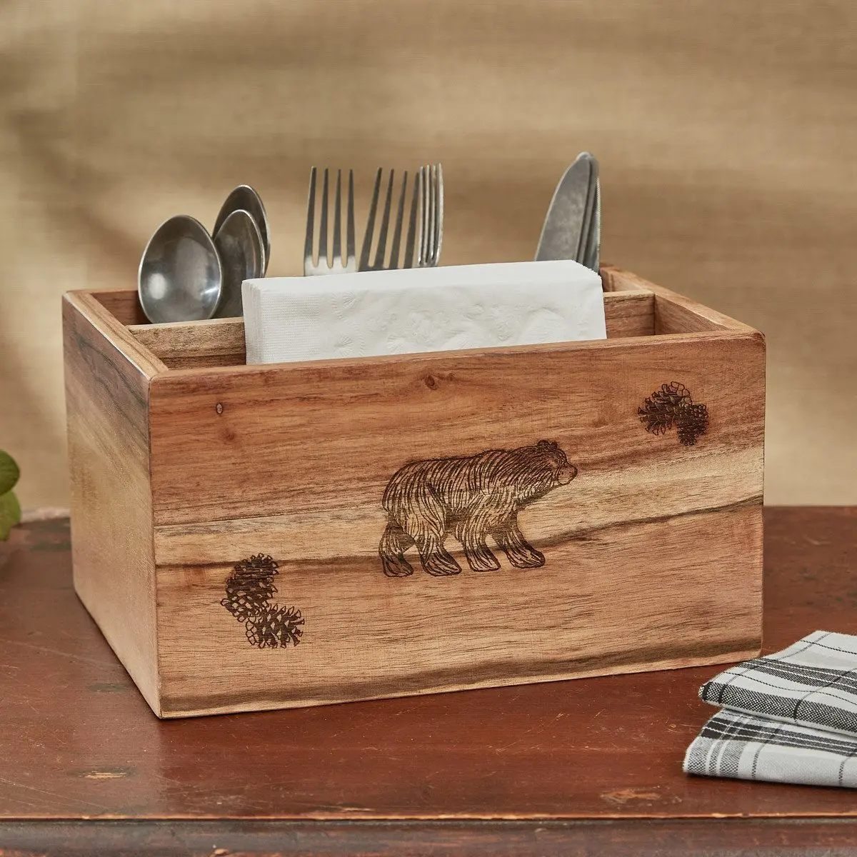 Rustic Wooden Kitchen Utensil Caddy, Stylish Kitchen Storage Organizer for Everyday Use, Lodge Country