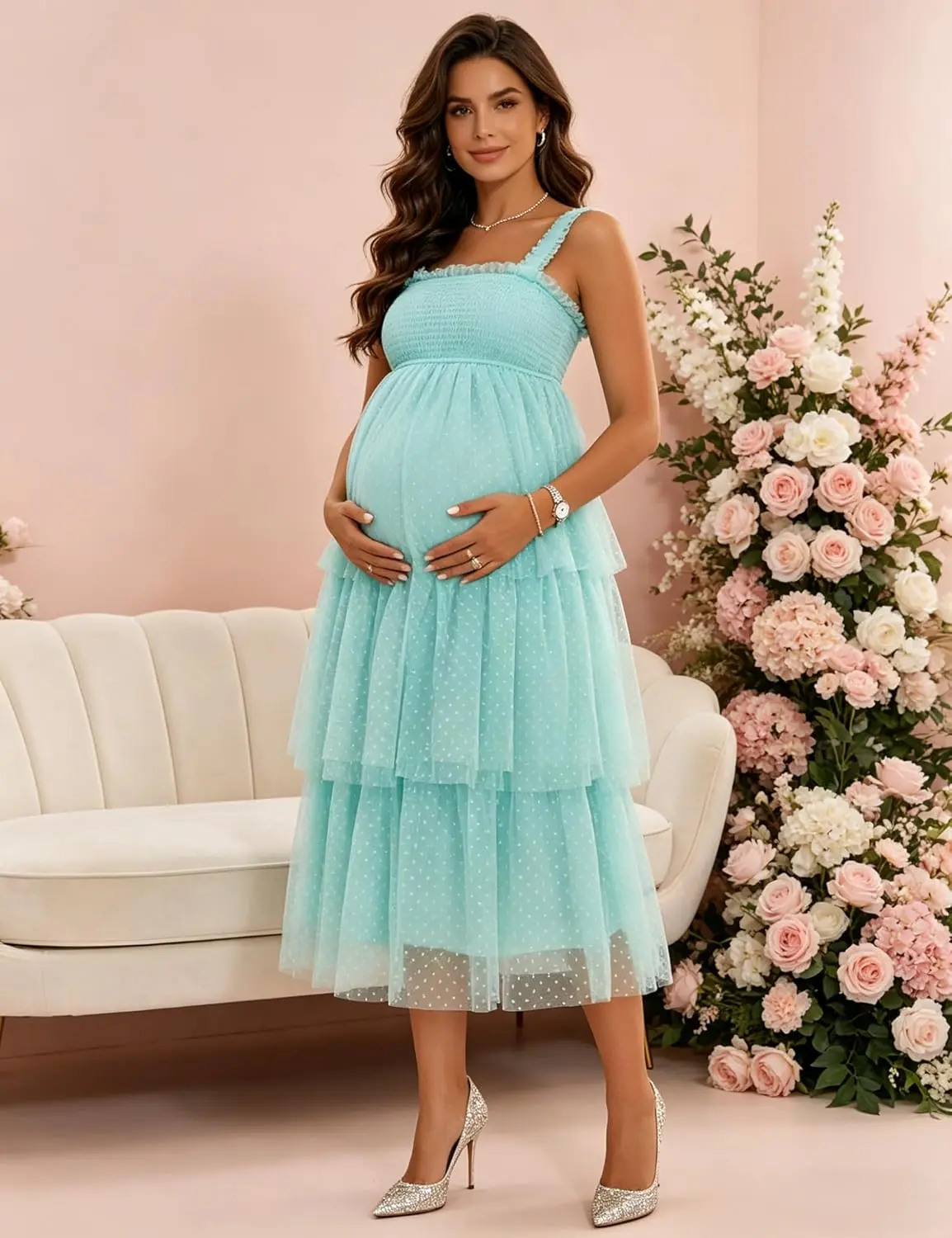Maternity Dress Ruffle Strap Dot Tiered Tulle Baby Shower Dress | Smocked ruffle strap maternity midi dress, dot tiered tulle skirt, airy loose fit for baby shower & maternity photos