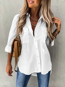 Women's Plain Button Front Pocket Shirt, Casual Long Sleeve Collared Top for Daily Wear, Ladies Clothes for All Seasons, Clothing for Women