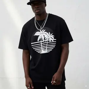 Men'S Navy Blue Coconut Tree Pattern Pure Cotton T-Shirt, Casual Round Neck Short Sleeved T-Shirt, Striped Sunset Design