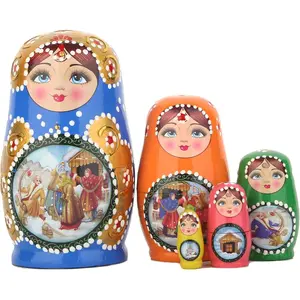 Russian Nesting Dolls Set 5 Pieces Matryoshka Wood Stacking Nested Set Story Girl Handmade Toys for Children Kids Christmas Birthday Halloween Wishing Gift (Blue Girls)…