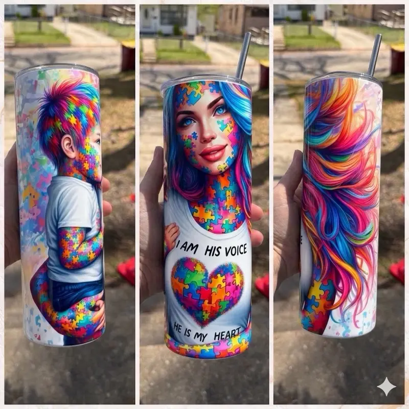 Autism Awareness "I Am His Voice" 20oz Skinny Tumbler Colorful Puzzle Art Mom Life Cup with Vibrant Design Stainless Steel Vacuum Insulated Water Bottle